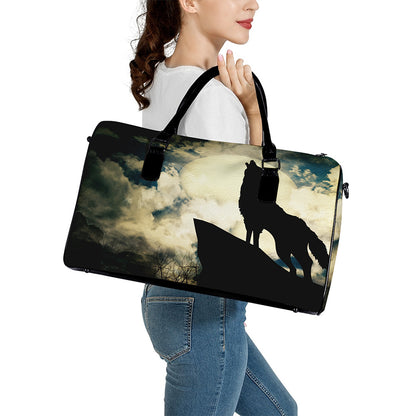 Wolf Howling At The Full Moon Print Leather Duffle Bag