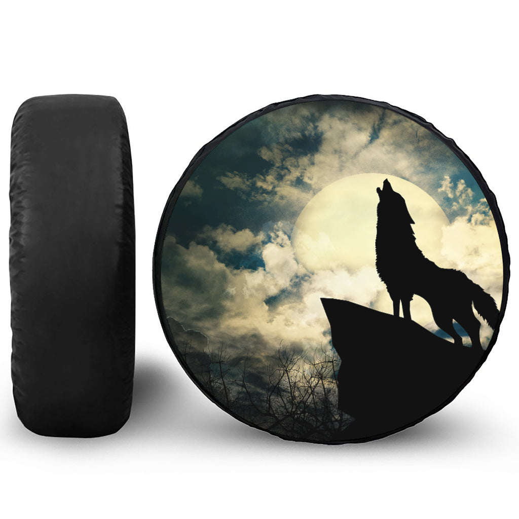 Wolf Howling At The Full Moon Print Leather Spare Tire Cover