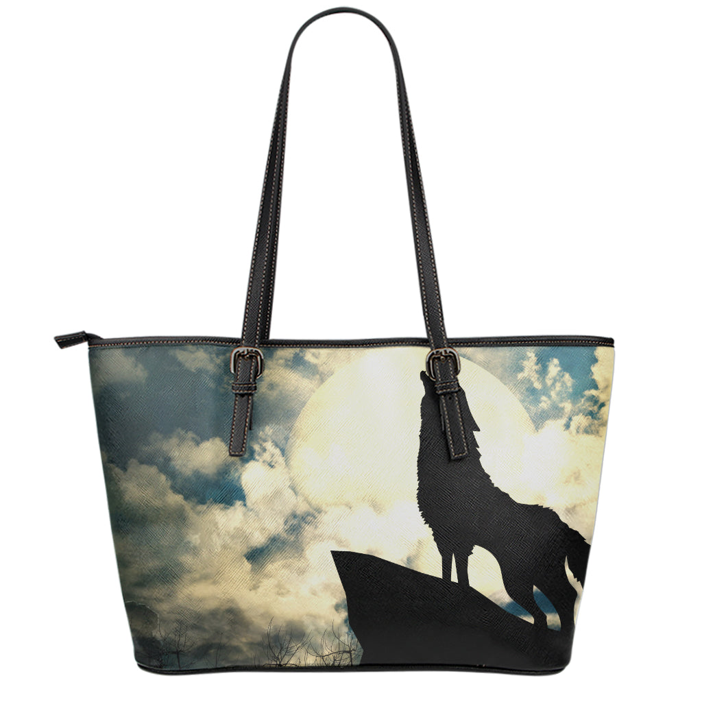 Wolf Howling At The Full Moon Print Leather Tote Bag