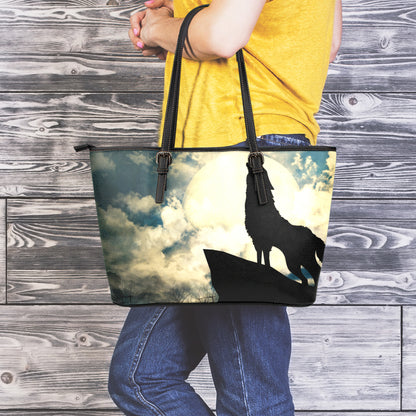 Wolf Howling At The Full Moon Print Leather Tote Bag