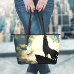 Wolf Howling At The Full Moon Print Leather Tote Bag