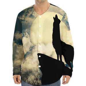 Wolf Howling At The Full Moon Print Long Sleeve Baseball Jersey