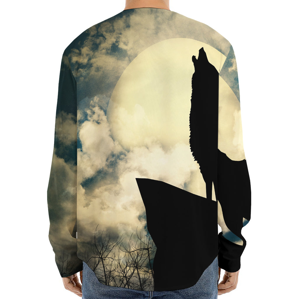 Wolf Howling At The Full Moon Print Long Sleeve Baseball Jersey