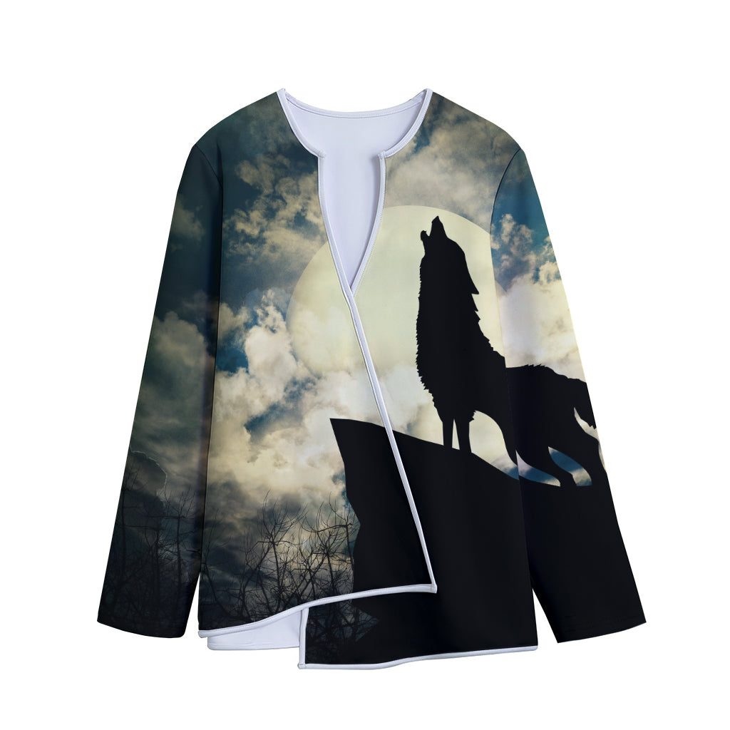 Wolf Howling At The Full Moon Print Long Sleeve Short Coat