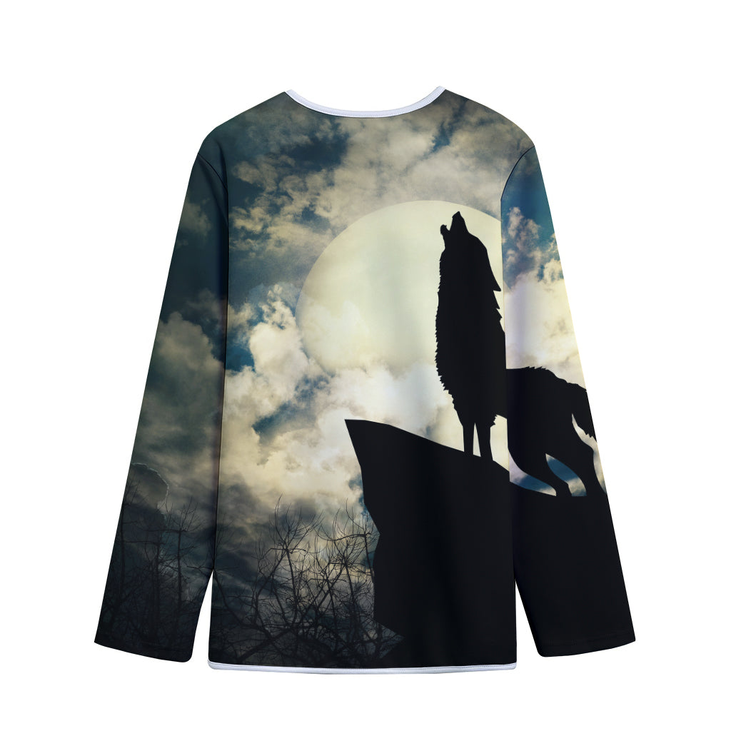 Wolf Howling At The Full Moon Print Long Sleeve Short Coat