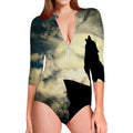 Wolf Howling At The Full Moon Print Long Sleeve Swimsuit