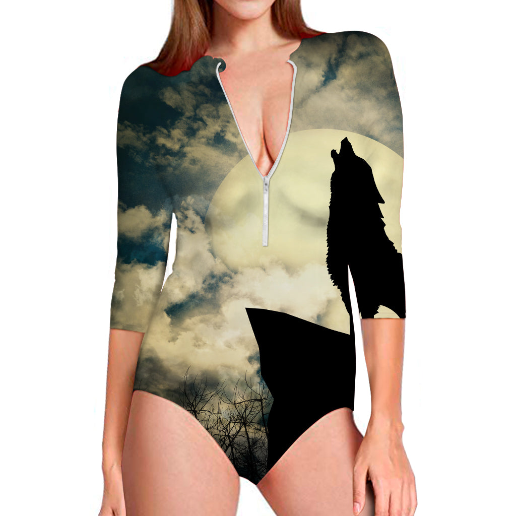 Wolf Howling At The Full Moon Print Long Sleeve Swimsuit