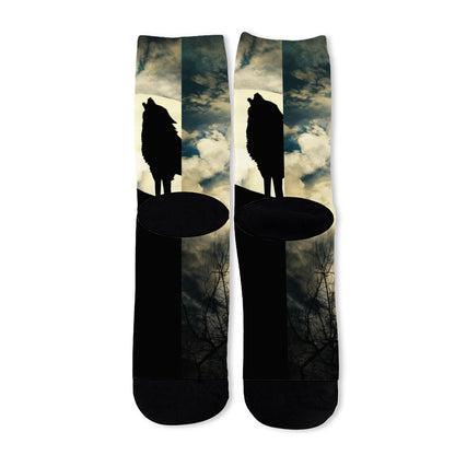 Wolf Howling At The Full Moon Print Long Socks