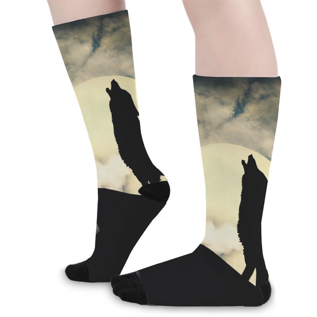 Wolf Howling At The Full Moon Print Long Socks