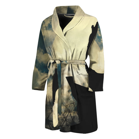 Wolf Howling At The Full Moon Print Men's Bathrobe