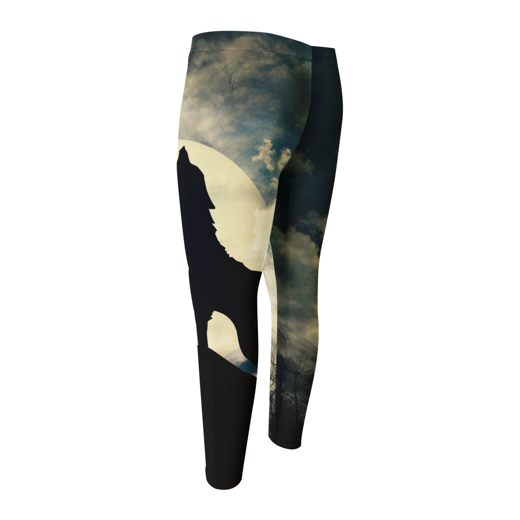 Wolf Howling At The Full Moon Print Men's Compression Pants