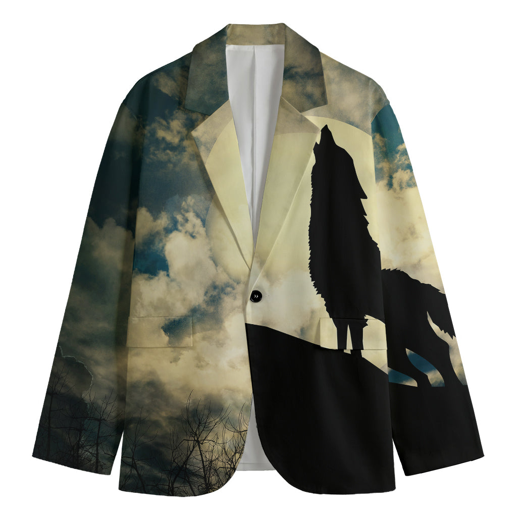 Wolf Howling At The Full Moon Print Men's Cotton Blazer