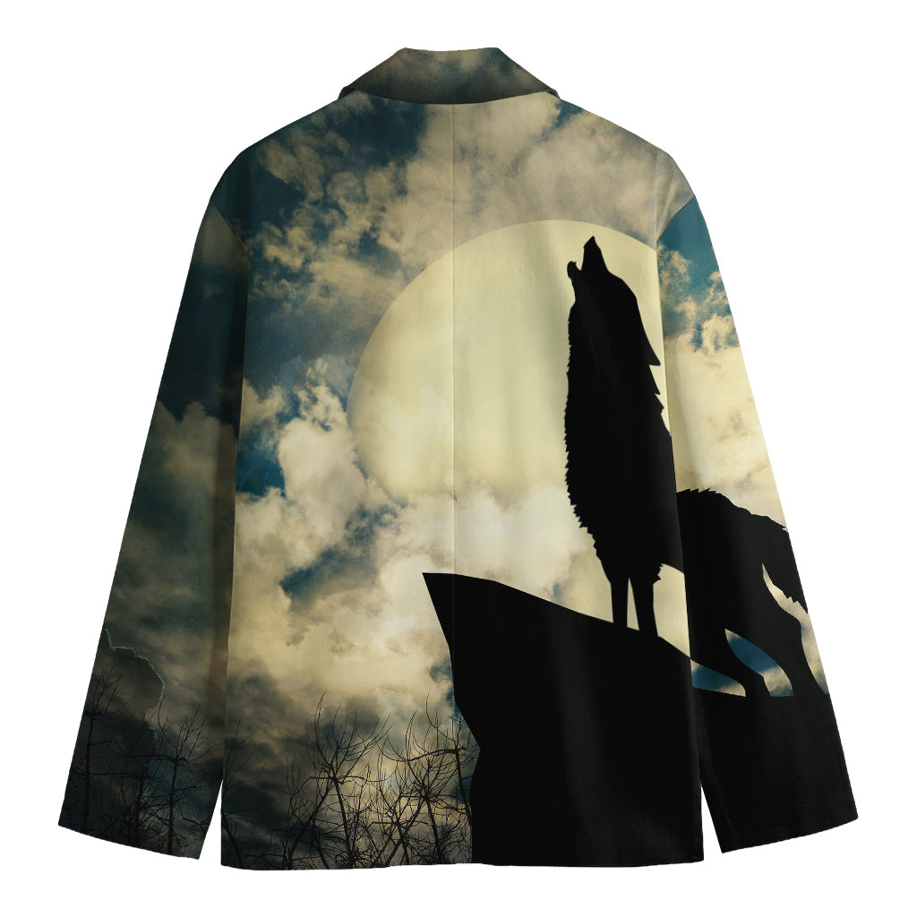 Wolf Howling At The Full Moon Print Men's Cotton Blazer