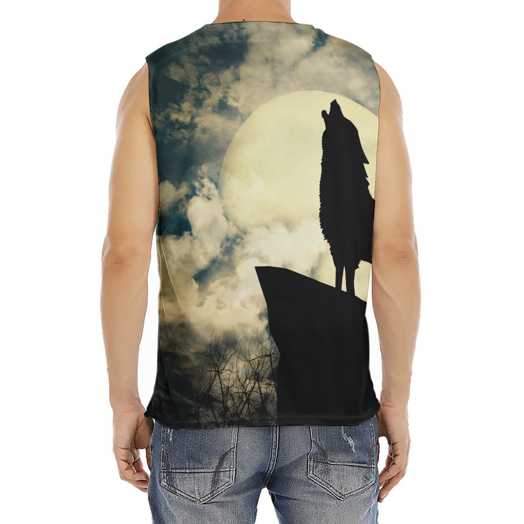 Wolf Howling At The Full Moon Print Men's Fitness Tank Top