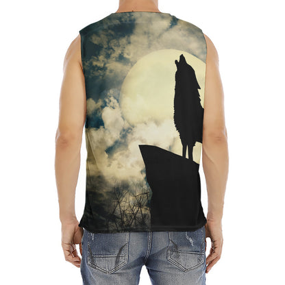 Wolf Howling At The Full Moon Print Men's Fitness Tank Top