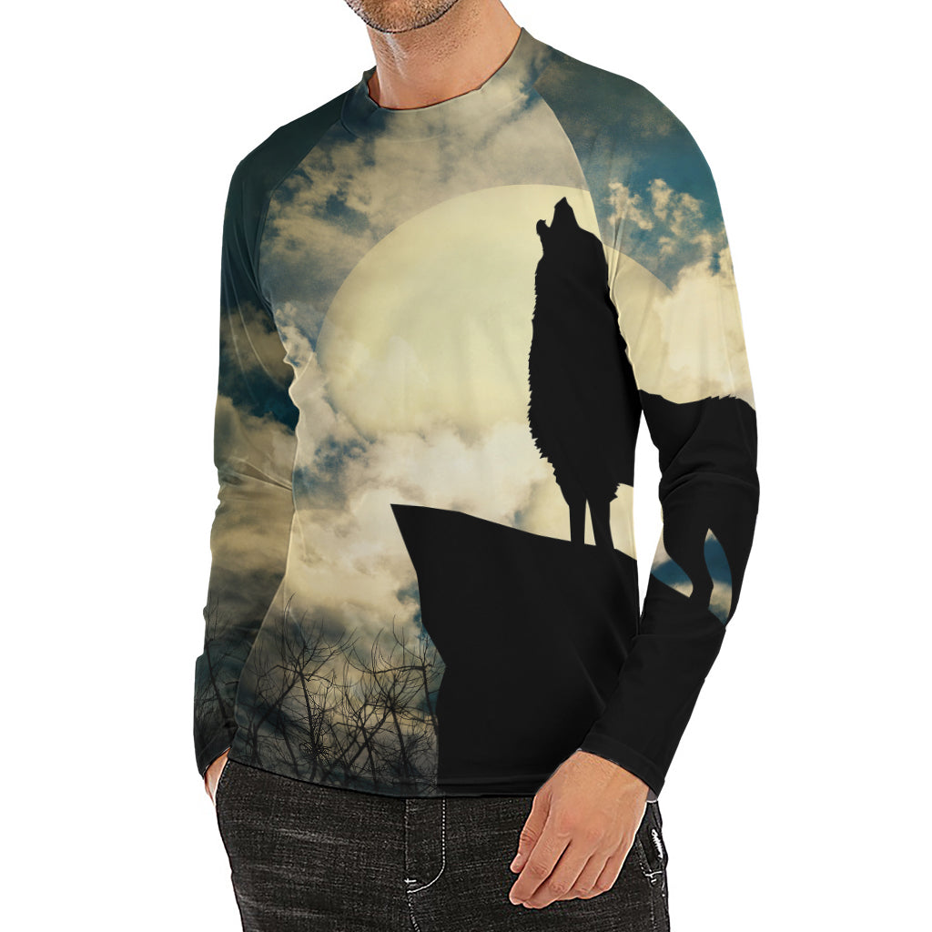 Wolf Howling At The Full Moon Print Men's Long Sleeve Rash Guard