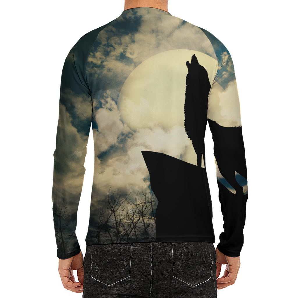 Wolf Howling At The Full Moon Print Men's Long Sleeve Rash Guard
