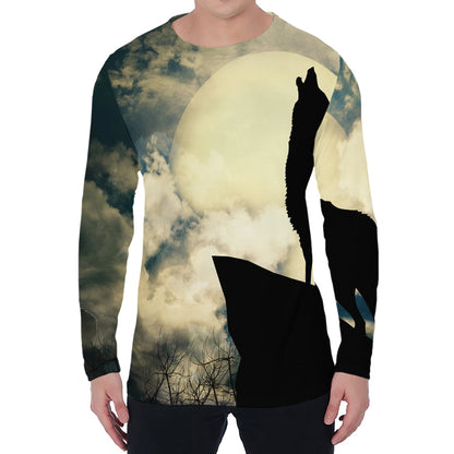 Wolf Howling At The Full Moon Print Men's Long Sleeve T-Shirt