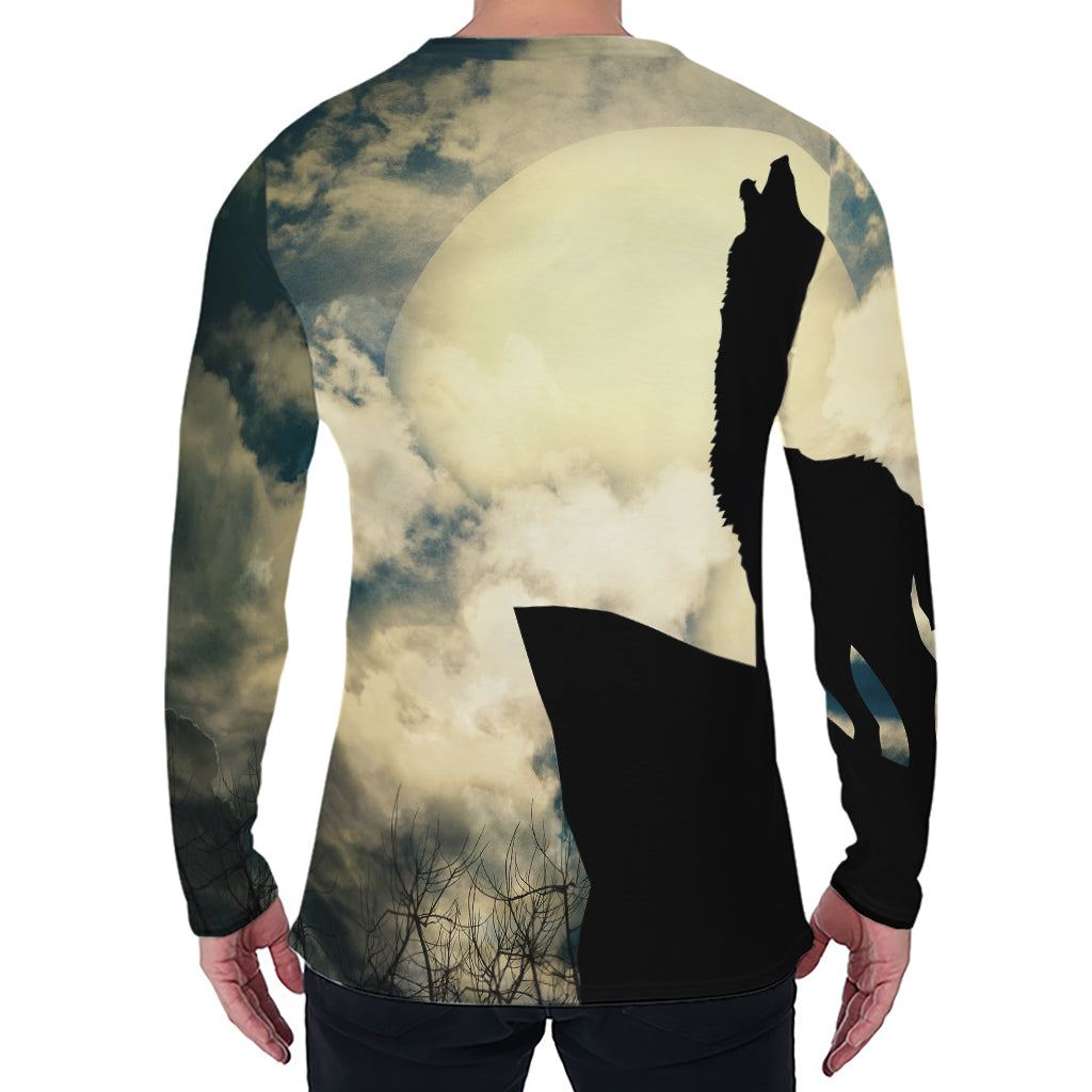 Wolf Howling At The Full Moon Print Men's Long Sleeve T-Shirt