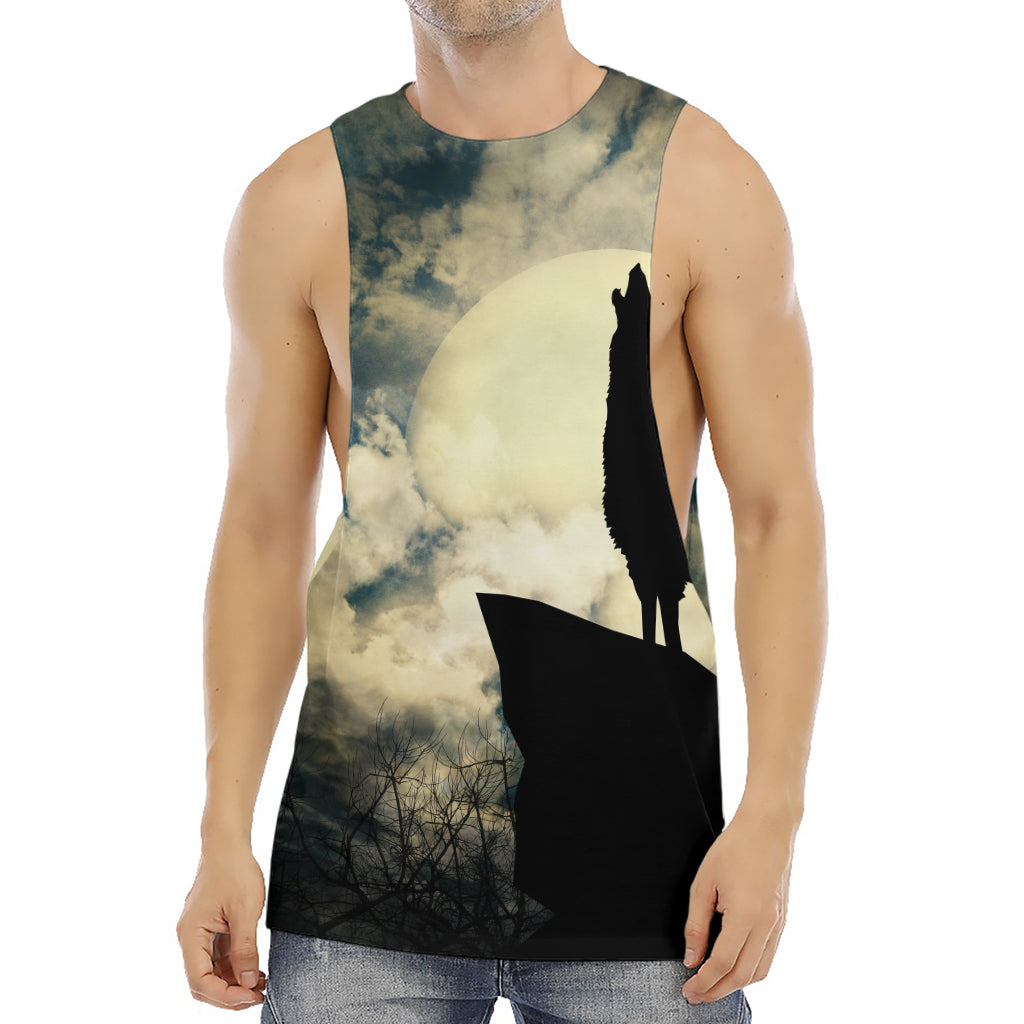 Wolf Howling At The Full Moon Print Men's Muscle Tank Top