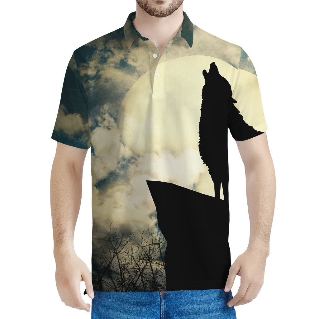 Wolf Howling At The Full Moon Print Men's Polo Shirt