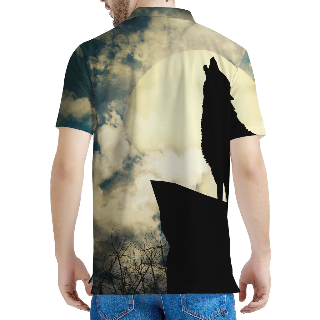 Wolf Howling At The Full Moon Print Men's Polo Shirt