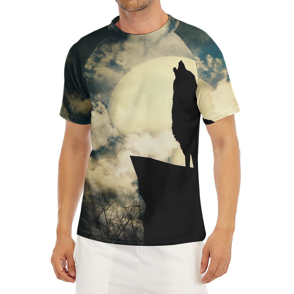 Wolf Howling At The Full Moon Print Men's Short Sleeve Rash Guard