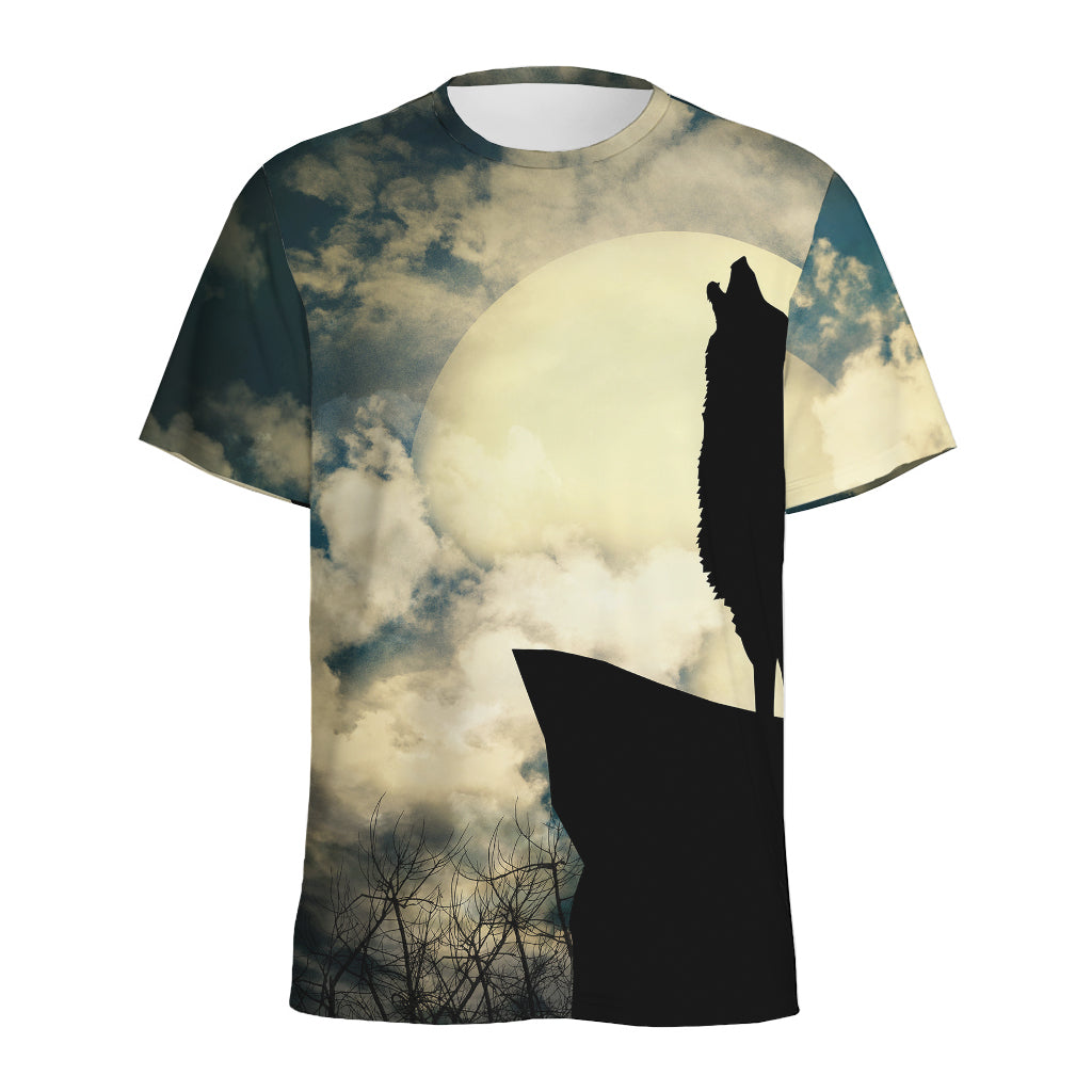 Wolf Howling At The Full Moon Print Men's Sports T-Shirt