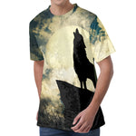 Wolf Howling At The Full Moon Print Men's Velvet T-Shirt