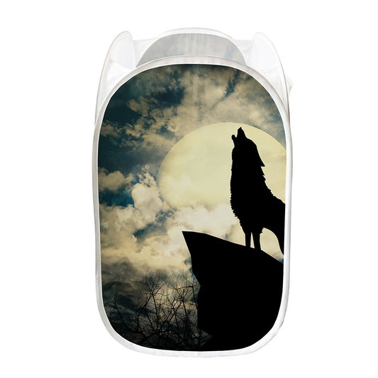 Wolf Howling At The Full Moon Print Mesh Laundry Hamper