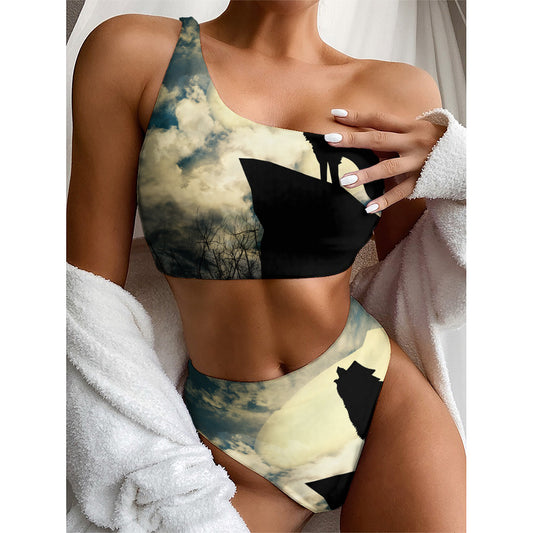Wolf Howling At The Full Moon Print One Shoulder Bikini Top