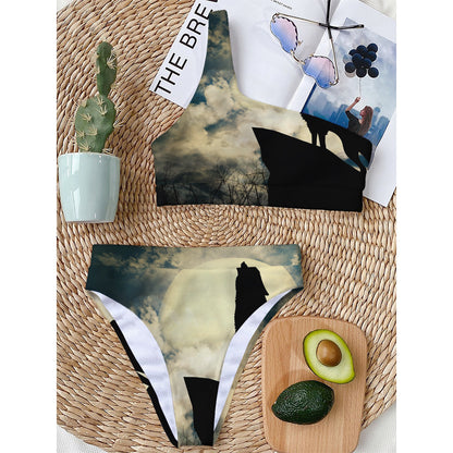 Wolf Howling At The Full Moon Print One Shoulder Bikini Top