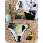 Wolf Howling At The Full Moon Print One Shoulder Bikini Top