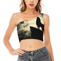 Wolf Howling At The Full Moon Print One Shoulder Crop Top