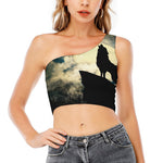 Wolf Howling At The Full Moon Print One Shoulder Crop Top
