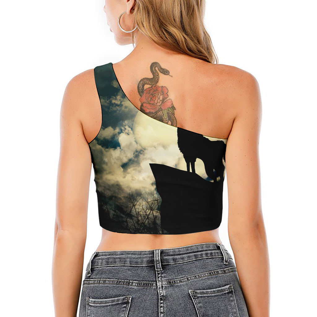 Wolf Howling At The Full Moon Print One Shoulder Crop Top