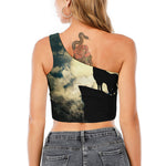 Wolf Howling At The Full Moon Print One Shoulder Crop Top