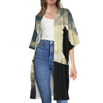 Wolf Howling At The Full Moon Print Open Front Beach Cover Up