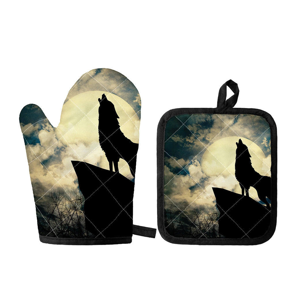 Wolf Howling At The Full Moon Print Oven Mitt And Pot Holder Set