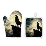Wolf Howling At The Full Moon Print Oven Mitt And Pot Holder Set