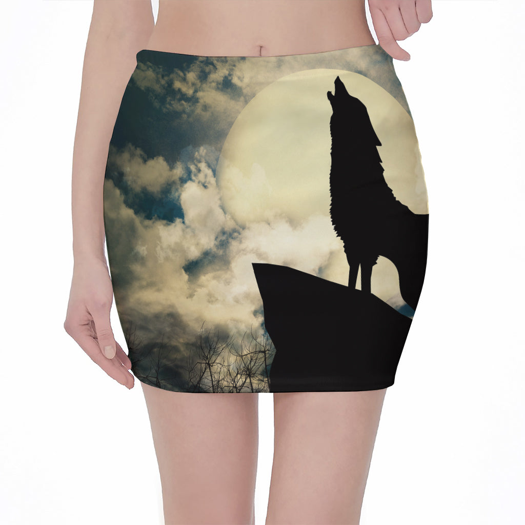 Wolf Howling At The Full Moon Print Pencil Mini Skirt