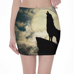 Wolf Howling At The Full Moon Print Pencil Mini Skirt
