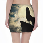 Wolf Howling At The Full Moon Print Pencil Mini Skirt