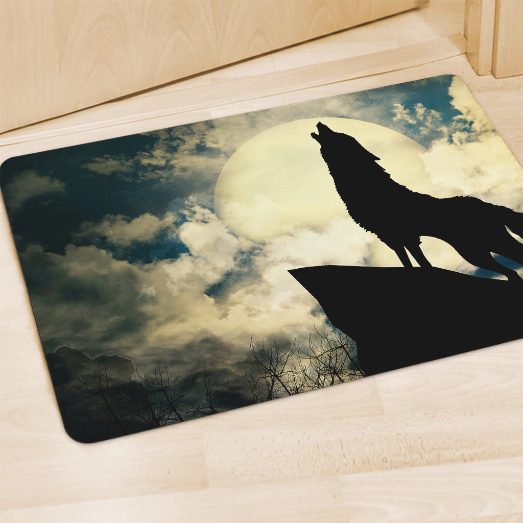 Wolf Howling At The Full Moon Print Polyester Doormat