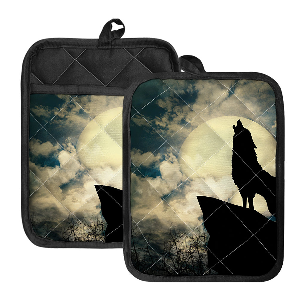Wolf Howling At The Full Moon Print Pot Holders With Pocket
