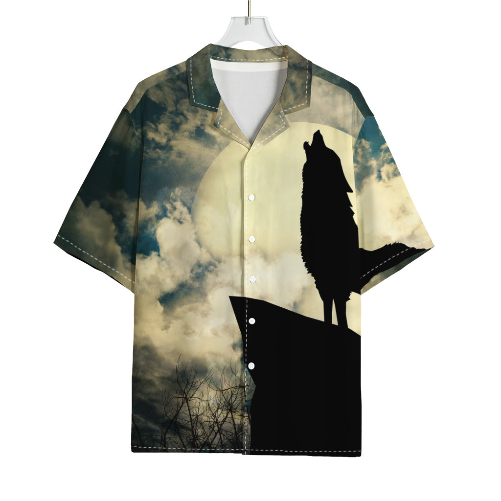 Wolf Howling At The Full Moon Print Rayon Hawaiian Shirt