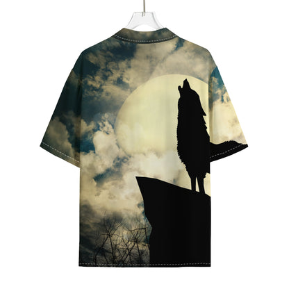 Wolf Howling At The Full Moon Print Rayon Hawaiian Shirt