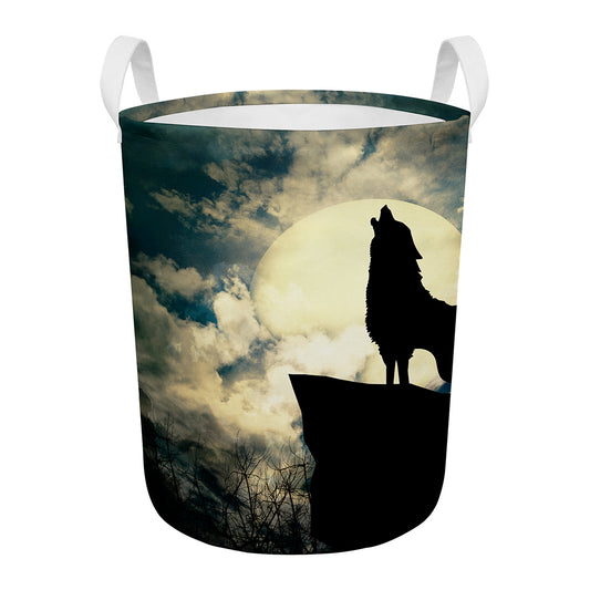 Wolf Howling At The Full Moon Print Round Laundry Basket