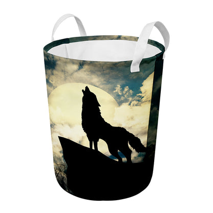 Wolf Howling At The Full Moon Print Round Laundry Basket