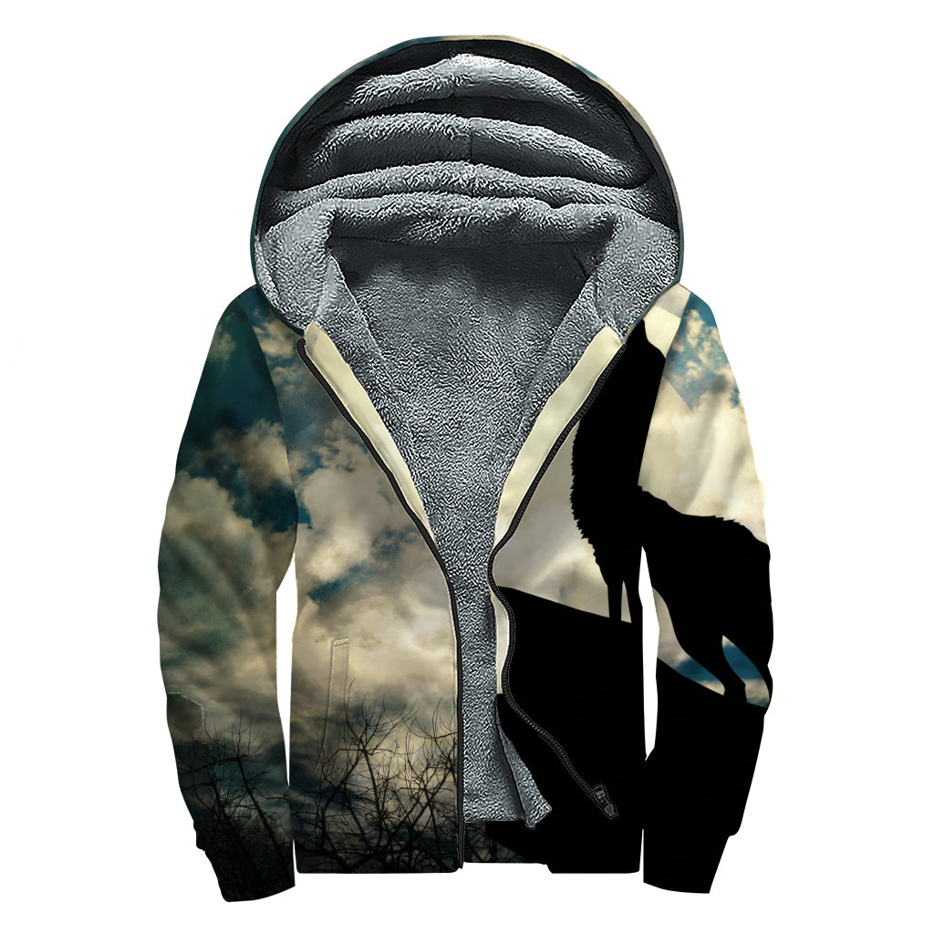 Wolf Howling At The Full Moon Print Sherpa Lined Zip Up Hoodie